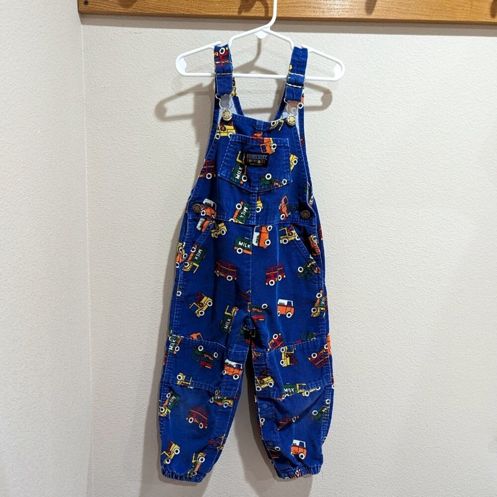Vtg 90s Land's End Overalls Boys Sz 4T Blue Corduroy Cars Colorblock Retro